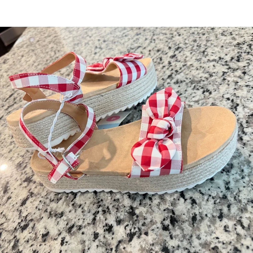 Cat & Jack Girls Red Gingham Espadrille Platform Sandals Bow Ankle Strap Size 4